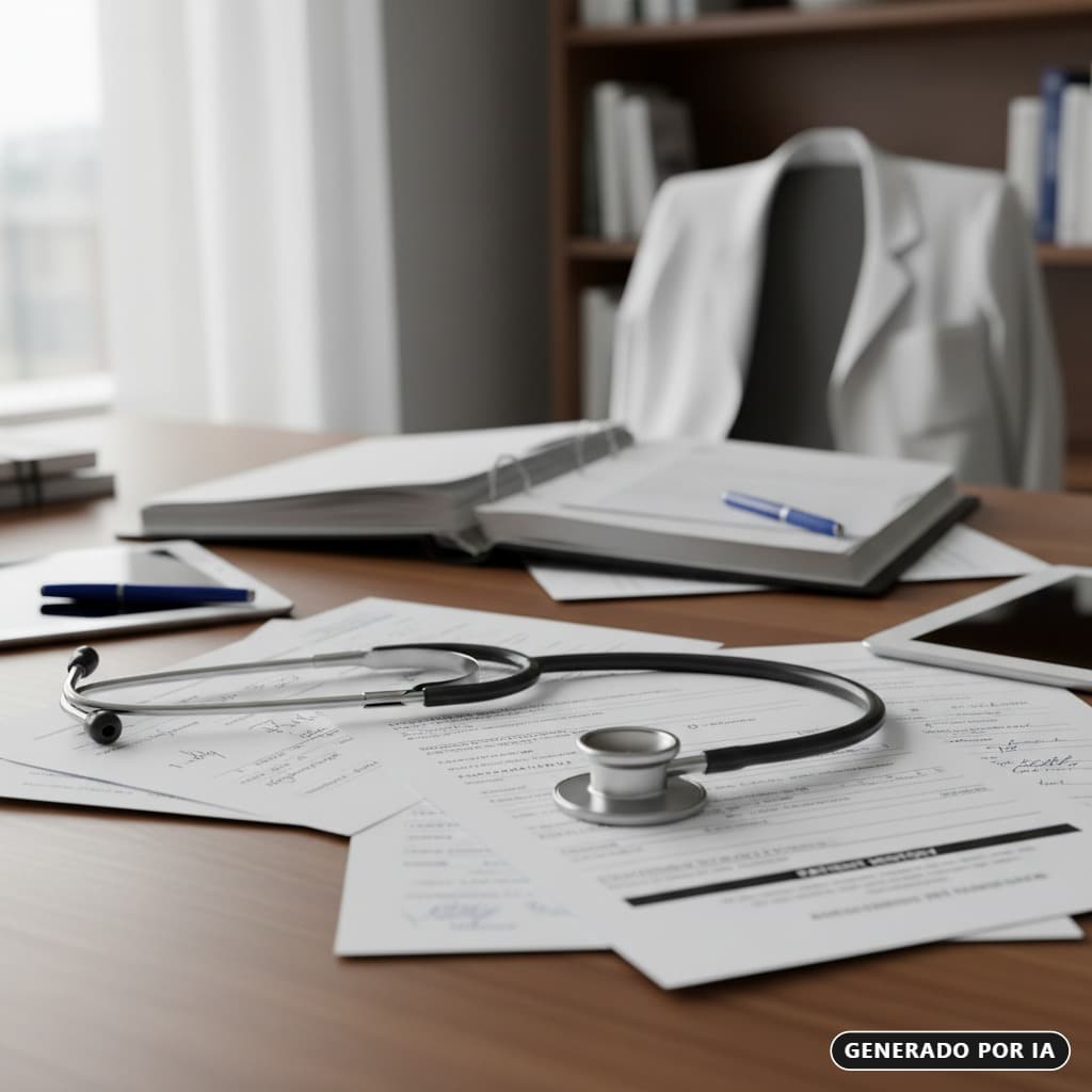 Un estetoscopio reposa sobre documentos médicos en un escritorio de madera, con una bata blanca colgada en el fondo. (generada por IA)